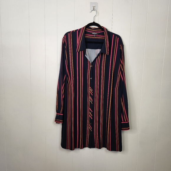 Ulla Popken Button Up Long Sleeve Blouse Tunic Long Shirt Navy Pink Stripe 28 30 - Picture 1 of 8